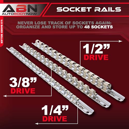 ABN Metal Socket Organizer Tray - 3pc Set 1/4in, 3/8in, 1/2in Drive Socket Tray & Clips