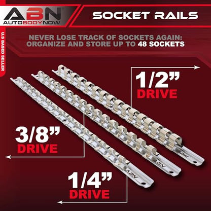 ABN Metal Socket Organizer Tray - 3pc Set 1/4in, 3/8in, 1/2in Drive Socket Tray & Clips
