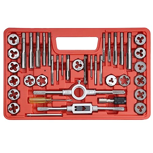 Anfrere 40pcs SAE Tap and Die Set, SAE Standard Rethreading Tool Kit, Coarse and Fine Threads for Cutting External and Internal Threads, Essential Repair Tool Kit with Thread Wrench - size: 40pcs Standard