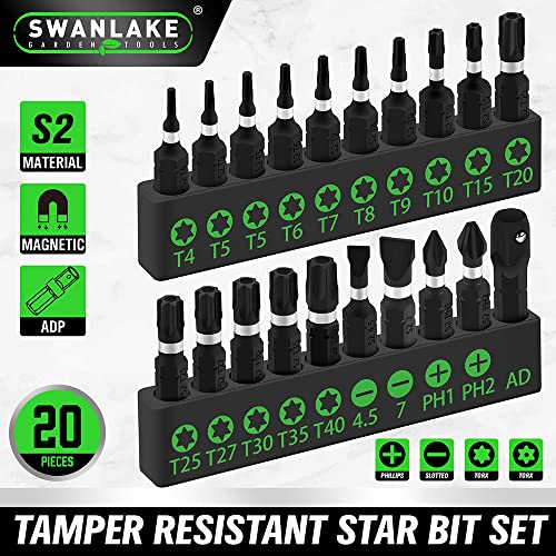 SWANLAKE 20PCS Tamper Resistant Star Bit Set, Torx Bit Set, Impact Grade Security Torx Bits Set, 1/4-inch Hex Shank, S2 Alloy Steel, T4-T40 - style: Torx Classic Version