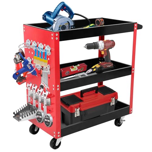 3 Tier Rolling Tool Cart, Mechanic Tool Cart on Wheels, for Garage, Warehouse, Workshop, Tool Room, Red & Black