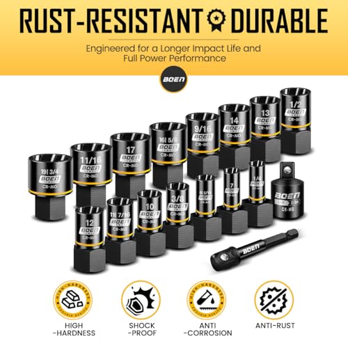 BOEN Impact Bolt Extractor Kit 3/8 Inch Drive, 17-Piece Easy Out Nut and Bolt Extractor Set For Damaged, Frozen, Studs, Rusted, Rounded Bolts, Include Impact Reducer and Drill Bit Adapter, Cr-Mo Steel