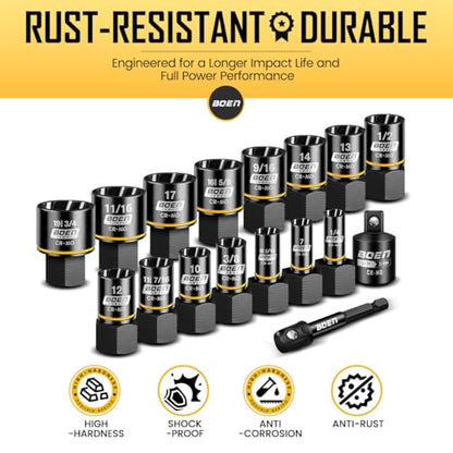 BOEN Impact Bolt Extractor Kit 3/8 Inch Drive, 17-Piece Easy Out Nut and Bolt Extractor Set For Damaged, Frozen, Studs, Rusted, Rounded Bolts, Include Impact Reducer and Drill Bit Adapter, Cr-Mo Steel