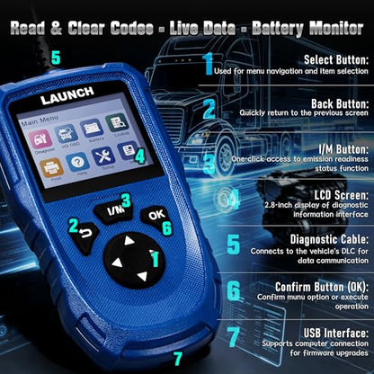 LAUNCH Creader HD V2 Diesel Scanner, Heavy Duty Commercial Code Reader | Supports J1939/J1708 Protocol, Read & Clear Fault Codes, Built-in Battery Check Function