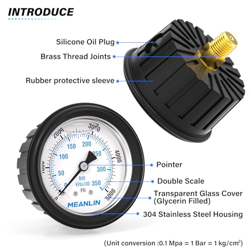 MEANLIN MEASURE 0~5000Psi Stainless Steel Liquid Filled Pressure Gauge 1/4" NPT 2.5" FACE DIAL with Rubber Protective Sleeve, Center Back Mount - size: 0-5000Psi