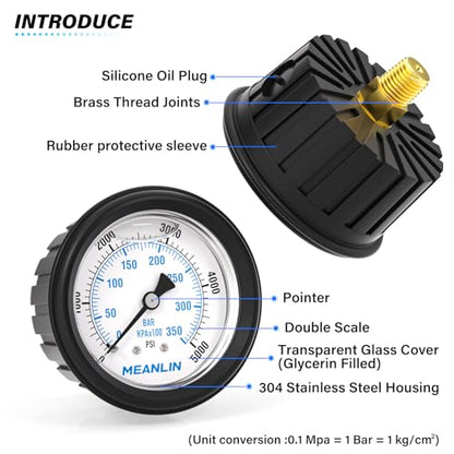 MEANLIN MEASURE 0~5000Psi Stainless Steel Liquid Filled Pressure Gauge 1/4" NPT 2.5" FACE DIAL with Rubber Protective Sleeve, Center Back Mount - size: 0-5000Psi