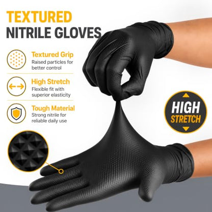 Heavy Duty Black Diamond Grip 8mil Nitrile Gloves - Industrial Grade, Puncture & Chemical Resistant Safety Gloves - size: Large