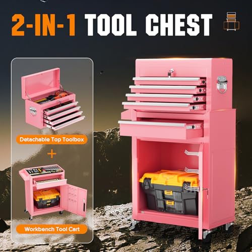 Oakcloud Heavy-Duty 5-Drawer Rolling Tool Chest & Cabinet Combo with Black Liner – Lockable Steel Garage Tool Box on Wheels – Detachable Top Toolbox & Bottom Storage Cart with Side Hooks, Pink - color: Pink, size: 5-drawer