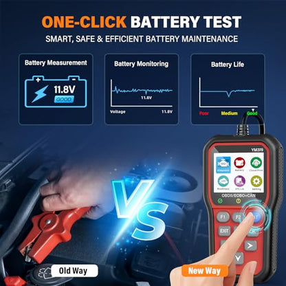 BluSon YM319 OBD2 Scanner Diagnostic Tool with Battery Tester, Check Engine Fault Code Reader with Live Data, Cloud Printing, DTC Lookup, Freeze Frame, Scan Tool for All OBDII Cars Since 1996, Red - color: Red