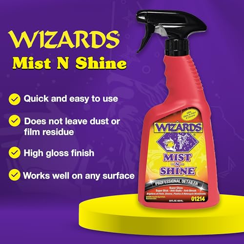 Wizards Mist-N-Shine Quick Detailer Spray - Waterless Wash - 22 oz | Anti-Static Formula for Paint, Chrome, Glass, Plastic, and Rubber Trim, Wax-Free, No Petroleum Solvents, Cars, Bikes, Boats - size: 22 Fl Oz (Pack of 1)