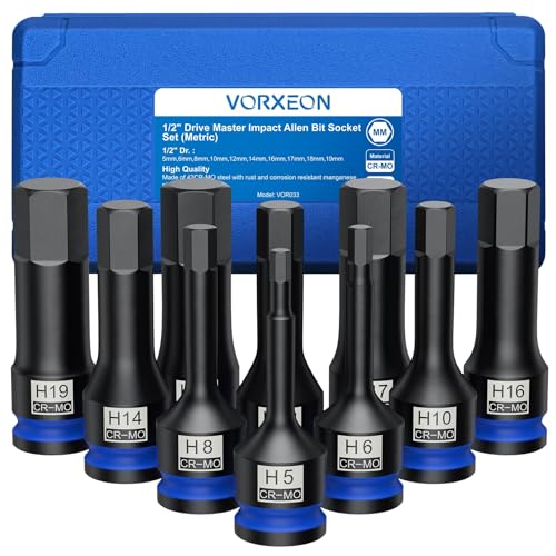 10 Pcs 1/2" Drive Metric Impact Allen Hex Bit Socket Set 42 Cr-Mo 5mm - 19mm One-piece construction with Storage case for Automotive repair - size: Hex Metric