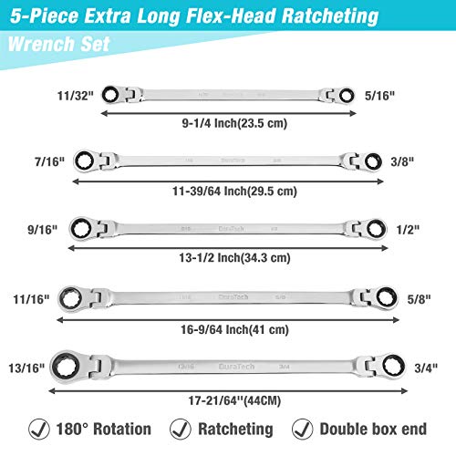 DURATECH Extra Long Flex-Head Ratcheting Wrench Set, 5-Piece, SAE | Double Box End, 5/16" to 13/16", 72-Tooth, 5° Swing Arc, for Narrow Spaces, CR-V Steel, Mirror Polished, EVA Foam Organizer