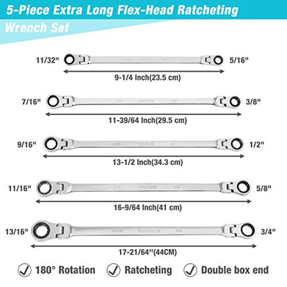 DURATECH Extra Long Flex-Head Ratcheting Wrench Set, 5-Piece, SAE | Double Box End, 5/16" to 13/16", 72-Tooth, 5° Swing Arc, for Narrow Spaces, CR-V Steel, Mirror Polished, EVA Foam Organizer