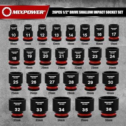 MIXPOWER 26 Pieces 1/2'' Drive Shallow Impact Socket Set,12 Point,Metric,10-36mm,CR-MO,Axle Nut Impact Grade Socket for Easy Removal