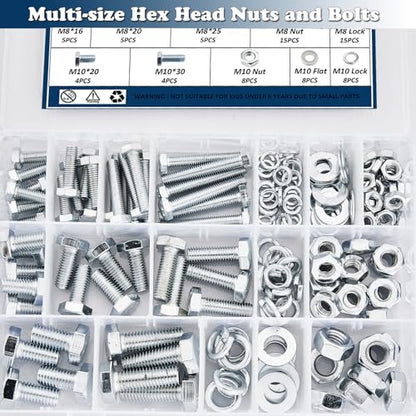 188PCS Metric Nuts and Bolts Assortment Kit, M6 M8 M10 Grade 8.8 | Heavy Duty Hex Bolts,Hardware,Nuts with Flat/Lock Washers Assorted,Bolt and Nut Kit - size: Hex Bolts-M6 M8 M10-188PCS