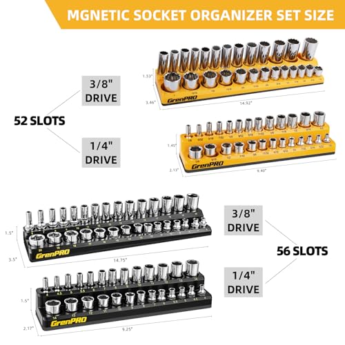 Socket Organizer, Magnetic Socket Holder Set, 4 Piece SAE & Metric Socket Trays Includes 1/4", 3/8" Drive Holds 108 Sockets - style: 4-Piece Magnetic Socket Holder