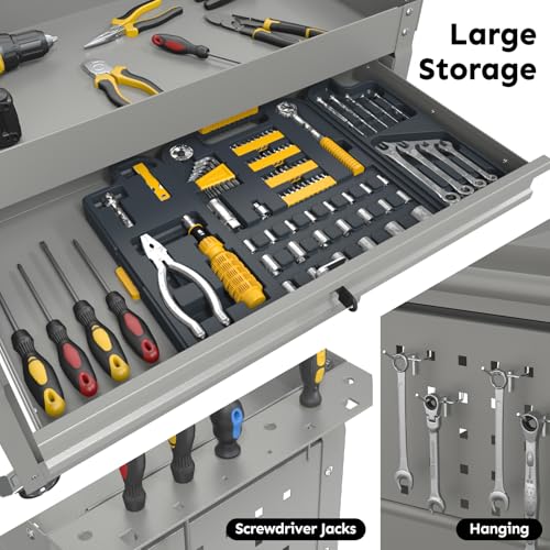 3-Tier Rolling Utility Cart, Metal Tool Cart on Wheels with Lockable-Gray | 330 lb. Load Capability Heavy Duty Tool Cart with Drawers, Mechanic Tool Cart for Garage, Warehouse, Repair Shop - color: Gray