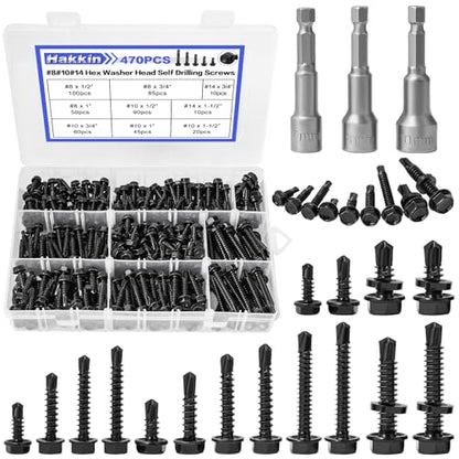 #8#10#14 470Pcs Self Drilling Screws for Metal, Hakkin Self Tapping Tek Screw Assortment Kit, Black Oxide 410 Stainless Steel Sheet Metal Screws Hex Washer Head 1/2" 3/4" 1" 1-1/2", Socket Included - size: 470PCS #8 #10 #14 Self Drilling Screws Black