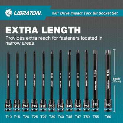 LIBRATON 24PCS 3/8 Drive Impact Torx Bit Socket Set, Extra Long Torx | Extra long 2in&6in Torx Bit Set, T10-T60 Coverage, S2 Alloy Steel Star Bit Sockets, Impact for Auto Repair, Blow Molded Box