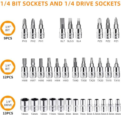 YWHWXB 46 Pieces Mechanic Tool Kit 1/4” Dr. Ratchet Socket Wrench Set with Storage Case, Includes Bit Sockets and Extension Bar - size: Full Size