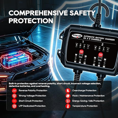 TOPDC 2-Bank 4A Smart Battery Charger for STD, AGM and LiFePO4 | Overcharge protection and temperature compensation help manage charging as battery and ambient temperatures change. - size: 4A (2A*2Banks)