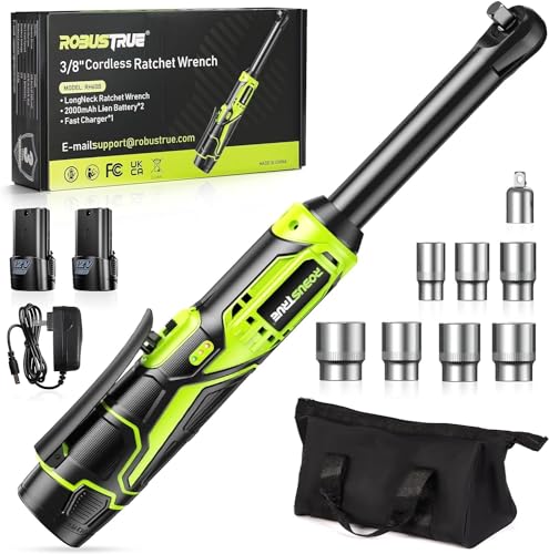 Robustrue 3/8" Cordless Ratchet Wrench, 6-inch Extended Ratchet Wrench, 40Ft-lbs 400RPM Cordless Ratchet, 2 Batteries Power Electric Ratchet Driver with Variable Speed, 7 Sockets, LED Light