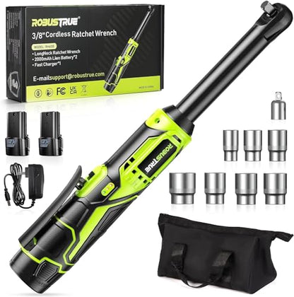 Robustrue 3/8" Cordless Ratchet Wrench, 6-inch Extended Ratchet Wrench, 40Ft-lbs 400RPM Cordless Ratchet, 2 Batteries Power Electric Ratchet Driver with Variable Speed, 7 Sockets, LED Light