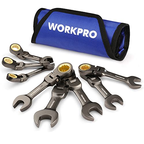 WORKPRO 8 Piece Flex Head Stubby Ratcheting Combination Wrench Set, Metric 9-17 mm, 72-Teeth, CRV, Nickel Plating with Rolling Pouch - size: Metric, style: Nickel-plated