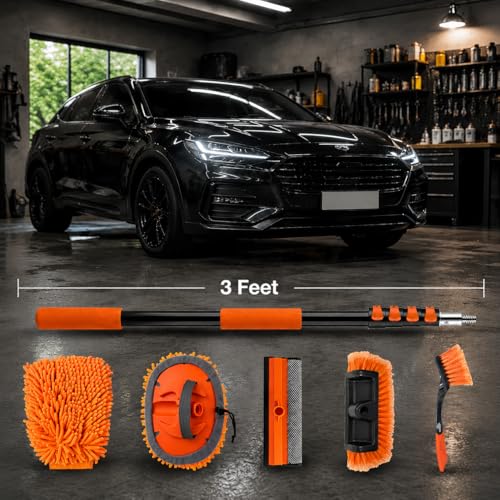 17ft Telescopic Pole with Car Wash Brush and Window Squeegee Kit, 3-12 ft Extension Pole, Bristles Wash Brush, Chenille Mop & Wash Mitt, Wheel Brush for Outdoor Cleaning Supplies for Roof, RV, Truck