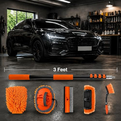 17ft Telescopic Pole with Car Wash Brush and Window Squeegee Kit, 3-12 ft Extension Pole, Bristles Wash Brush, Chenille Mop & Wash Mitt, Wheel Brush for Outdoor Cleaning Supplies for Roof, RV, Truck