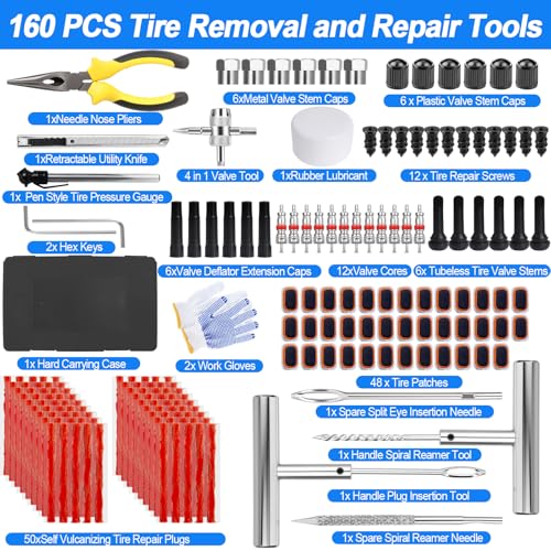 Tire Plug Kit, 160 PCS Tubeless Tire Repair Kit with Metal T-Handle Tools, Repair Strips, Screw-in Repair Plugs, Valve Stem Service Accessories, Pressure Gauge, Gloves & Hard Case - color: 160Pcs Tire Repair Kit