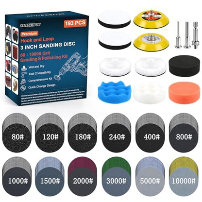 193 Pcs 3 Inch Sanding Discs, Headlight Restoration Polishing Kit | 80-10000 Grit Wet Dry Hook & Loop Sandpaper, Drill Sanding Attachment with Rotary Tools for Auto, Glass & Resin Expoxy - style: 3 Inch-193Pcs
