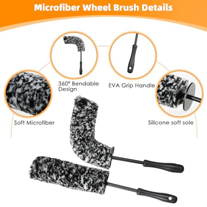 BRUSH FAMILY 6PCS Car Rim Brushes for Cleaning Wheels Set | Car Detailing Cleaning Wash Brush, Stiff-Bristle Rim Brush with Tire Shine Applicator Pad for Cars SUV Tire RVs Trucks Wheel