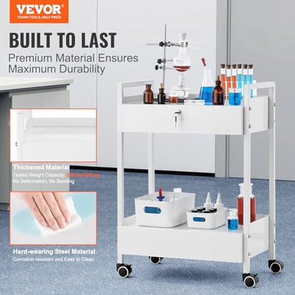 VEVOR Rolling Medical Cart with Lockable Drawer, White Paint Stainless Steel Utility Cart, 2 Tiers Mobile Esthetician Trolley Cart with Swivel Casters for Lab, Hospital, Dental, Salon and Beauty - size: 2-tier with 2 drawer