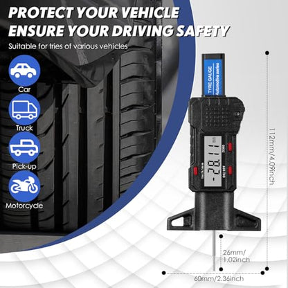 Tallew Digital Tire Tyre Tread Depth Gauge 0-25.4mm Range, 0.01mm Resolution, Portable LCD Display Tire Depth Gauge Digital Tire Checker Measuring Tool with Inch MM Conversion for Motorcycle Car Truck