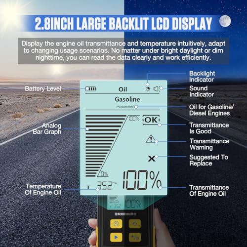 Engine Oil Tester Gasoline & Diesel Engine Oil Quality Tester Analyzer Detector High-precision Car Engine Oil Diagnostic Tool with 50inch Flexible Probe,Identifier&Sound Prompt,2.8in Backlight Display - color: Yellow