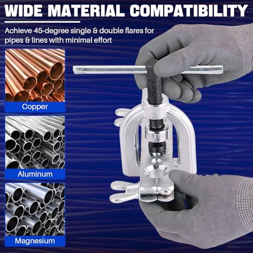 DASBET 11PCS Flaring Tool Kit 45° Single & Double Brake Line Flaring Tool | with 7 Adapters, Flare Tubing Flare Tool with Tube Cutter for Brake Line HVAC System