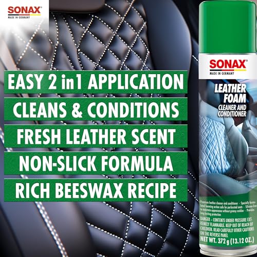 SONAX Leather Foam 289300 | 2 in 1 Aerosol Leather Cleaner and Conditioner | Safe to Use on Perforated Air Conditioned/Heated Seats | UV Protection Prevents UV Damage | 13.02 oz