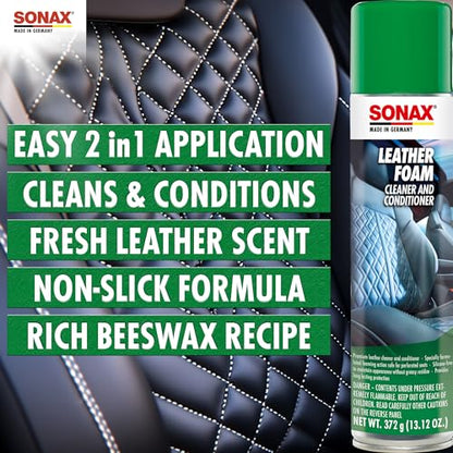 SONAX Leather Foam 289300 | 2 in 1 Aerosol Leather Cleaner and Conditioner | Safe to Use on Perforated Air Conditioned/Heated Seats | UV Protection Prevents UV Damage | 13.02 oz