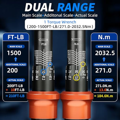 Torque Wrench 1-Inch Drive Dual Range Scales 200-1500ft.lb/271.0-2032.5Nm, ±3% Precision, 24 Tooth Dual-direction Torque Wrenches for Wind Tturbines Dockyards Car Truck Repair - size: 【1-Inch DR.200-1500 FT.LB】