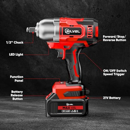 SILVEL Cordless Impact Wrench, MAX 650N.M Brushless Impact Gun 1/2 inch, 4.0Ah Battery, 6 Sockets, 3300RPM Impact Driver wih Fast Charger - size: 1 Battery
