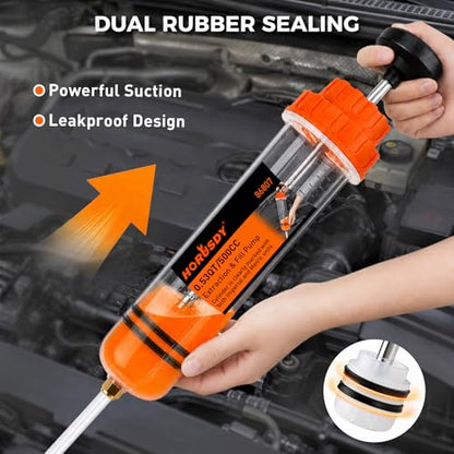 500CC Fluid Extractor and Fill Pump, Manual Oil Syringe Suction Pump with Long Hose and Extension Tubes, Automotive Fluid Transfer Pump for Oil, Brake Fluid, Coolant, Gear Oil, Cars, Boats, Lawn Mower - size: 500ML with Hose