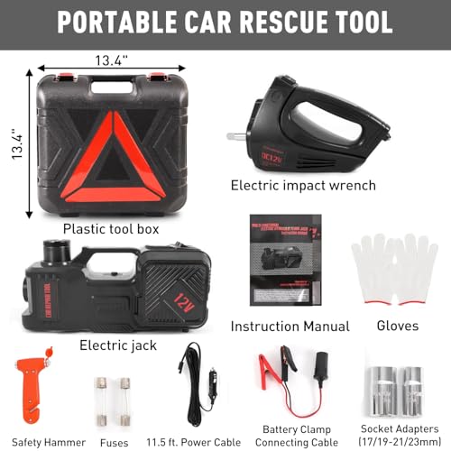 Electric Car Jack Kit 5 Ton 12V Hydraulic Floor Jack with Impact Wrench and Inflatable Pump for SUV Car Emergency Repair Tire Change Kit with LED Light - color: Black With Wrench