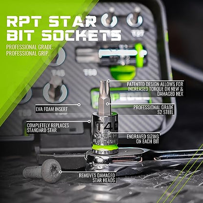 GRIPEDGE Tools | 14PC RPT Star Driver Set | Sizes T6 - T60 | 1/4'' - 3/8'' - 1/2'' Drive | Made With S2 Steel | Includes Premium Plastic Case With A Foam Insert |