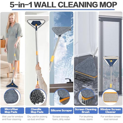 Wall Cleaner Mop, 80" Long Handle, 360° Ceiling Cleaning Tool | 5-in-1 Triangle Wall Mop for Painted Walls, Drywall, Baseboard, with Chenille Microfiber (6 Replacement Pad) Brush Scraper