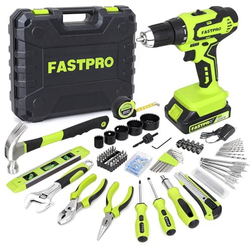 FASTPRO 177-Piece 20V Cordless Drill Driver and Home Tool Set, Household Repairing Tool Kit with Drill in Storage Case, Green - color: Green