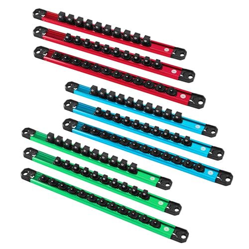 DURATECH Magnetic Socket Organizer Set, 1/4”, 3/8”, 1/2” Aluminum Alloy Socket Rail with 96 Clips, Socket Holder for Tool Box Drawer, Tool Cart and Garage Organization(9PCS) - size: 9PCS