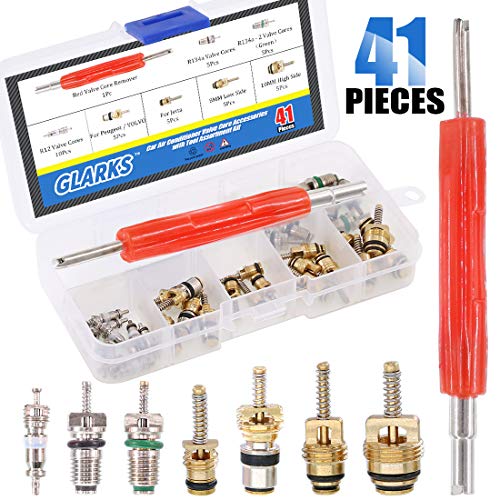 Glarks 41Pcs Schrader Car A/C Valve Core Kit - R12 R134a - Aluminium & Brass & Plastic - Blue Remover Tool - 7.6cm - style: Car Air Conditioner Valve