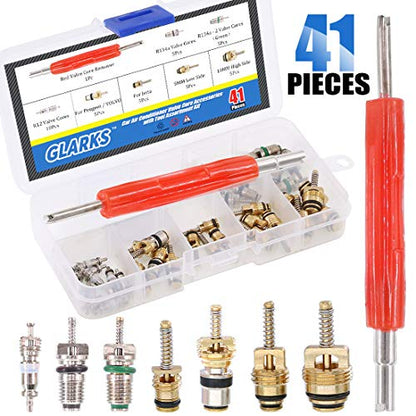 Glarks 41Pcs Schrader Car A/C Valve Core Kit - R12 R134a - Aluminium & Brass & Plastic - Blue Remover Tool - 7.6cm - style: Car Air Conditioner Valve