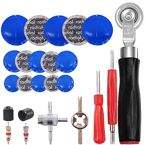 70PCS Tire Patches Kit Heavy Duty, Inner Tube Patch Kit, Include Tire Patch Roller,Rubber Repair Patches, Valve Core, 4-Way Valve Tool, Valve Core Wrench, Valve Core Removal Tool with Tire Valve Caps